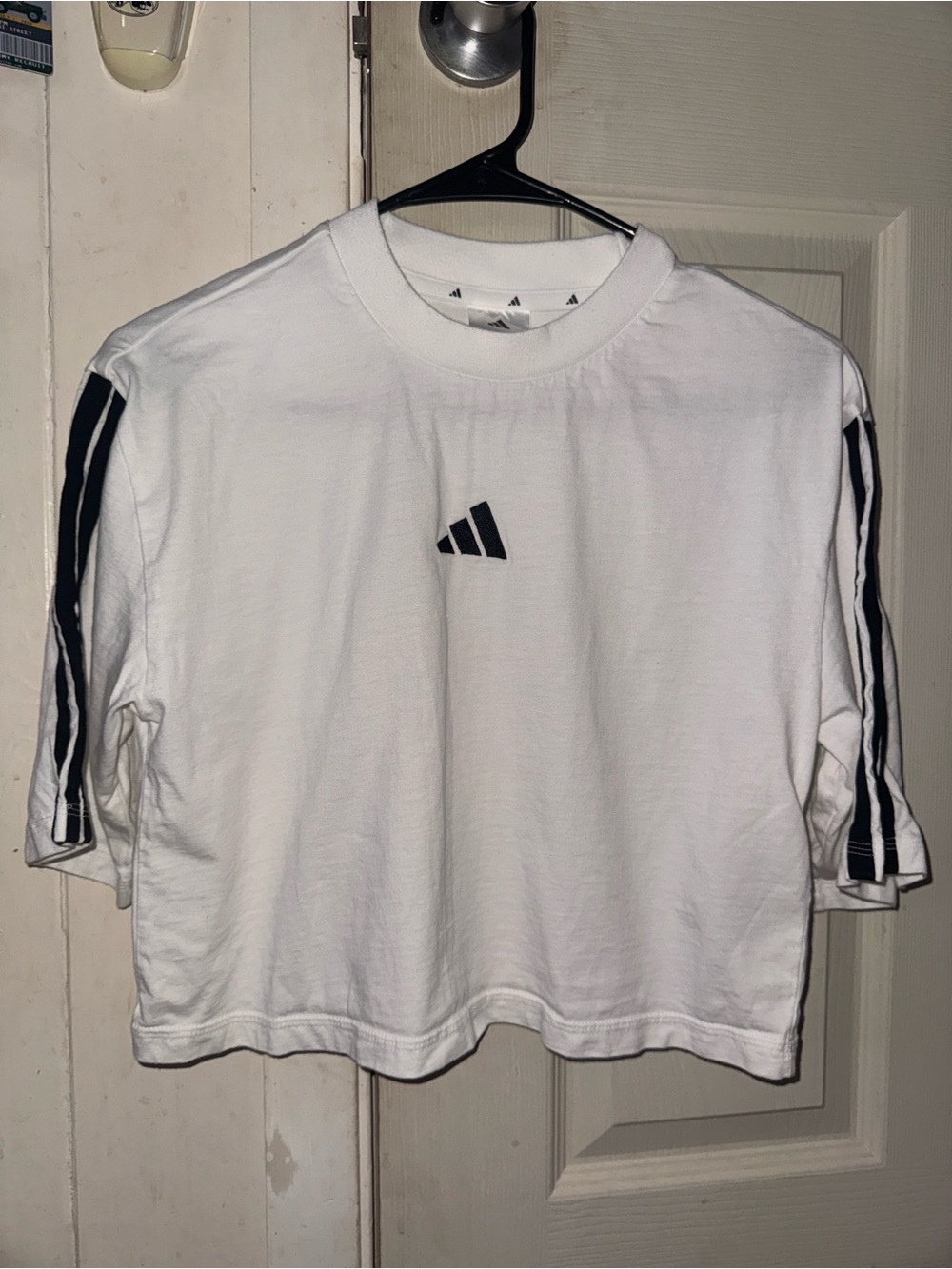 adidas White Cropped Tee with Black Stripe Sleeves